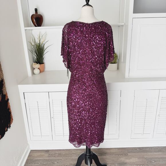Adrianna Papell Cabernet Purple Sequin Beaded Flutter Sleeve Cocktail Dress 12 - Picture 7 of 9